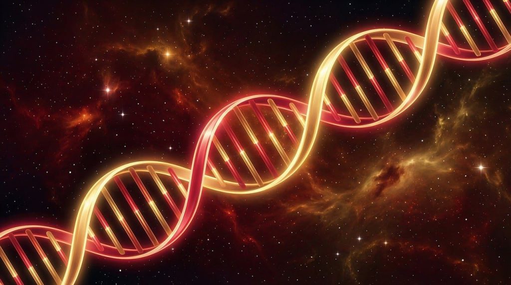 dna, helix, cosmic, space, nebula, stars, genetic, biology, glowing, universe, science, evolution, life, golden, red, mystical, energy, spiral, molecular, celestial, ai generated
